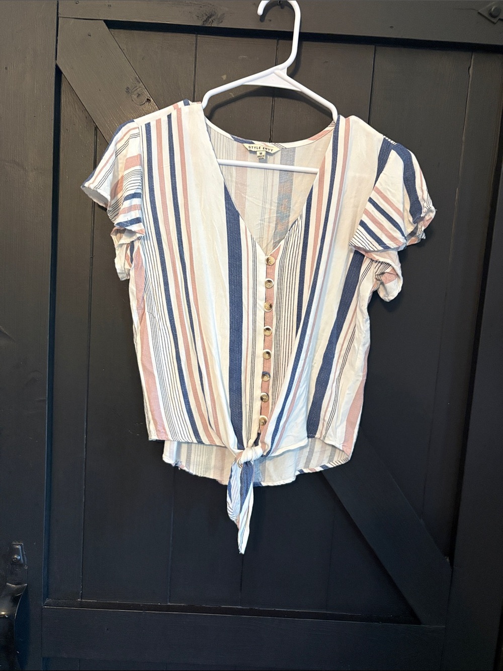 Style Envy Vertical Striped Button Tie-Front Top - Blue & Pink